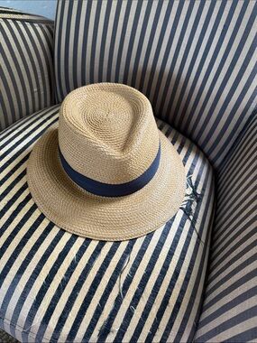 Eric Javits Tan Straw Fedora with Navy Band